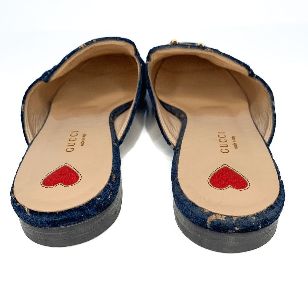 SOLD Gucci Princetown Horsebit Mules Navy Blue GG Logo Velvet Flat Loafers - Picture 4 of 14